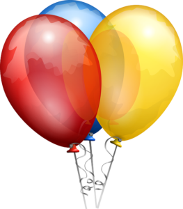 Drei festliche Luftballons in Rot, Blau und Gelb